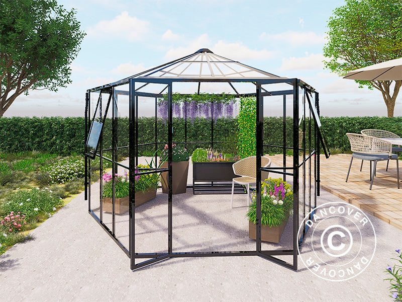 Orangery Hexagonal glass 8.42 m², 3.12x3.6x2.42 m, Black