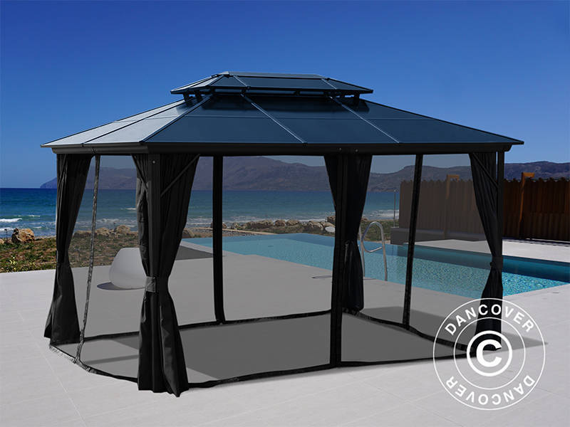 Gazebo Santa Ana Alu+ w/curtains and mosquito net, 3x4 m, Black