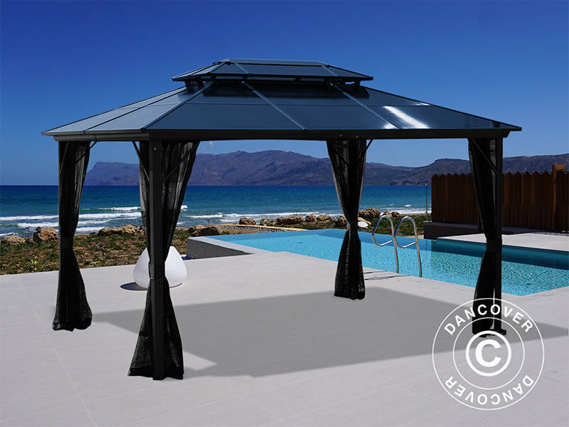 Gazebo Santa Ana Alu+ w/curtains and mosquito net, 3x4 m, Black
