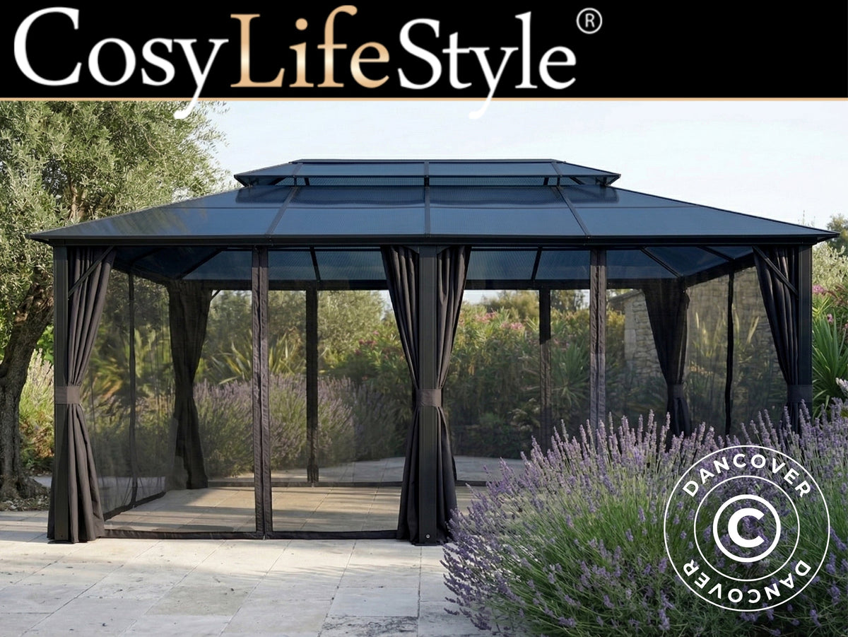 Gazebo Santa Ana Steel+ w/curtains and mosquito net, 3.65x6 m, Black