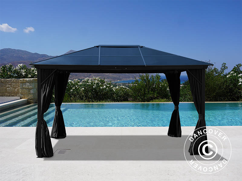 Gazebo Santa Barbara Alu+ w/curtains and mosquito net, 3x4 m, Black
