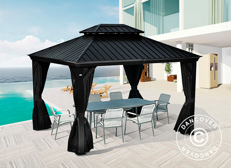 Gazebo Santa Fe Alu+ w/curtains and mosquito net, 3x4.25 m, Black