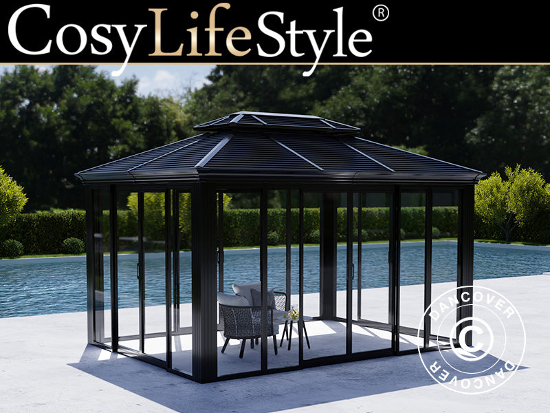 Gazebo San Bruno Alu+ w/sidewalls, 3x4 m, Black