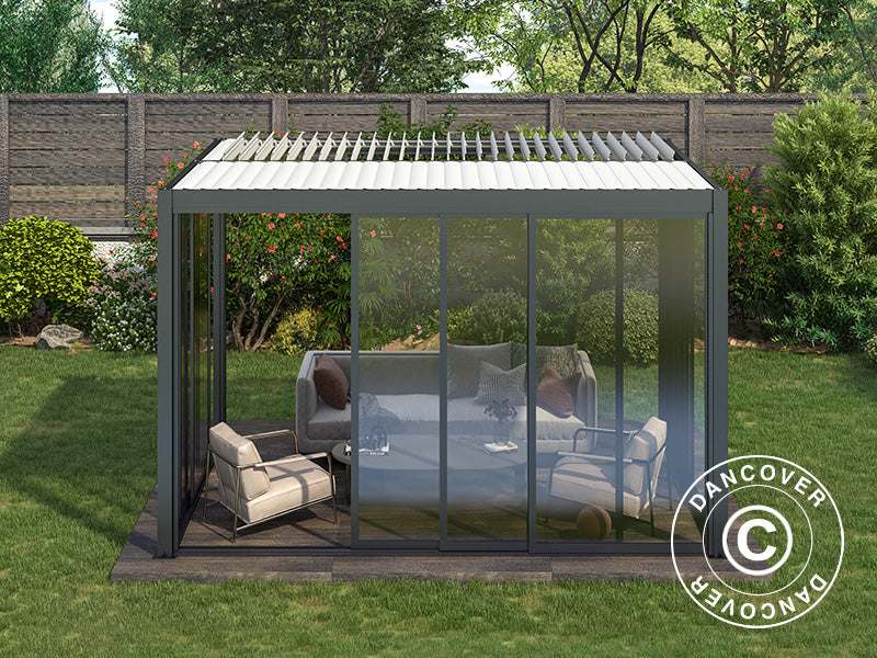 Bioclimatic pergola gazebo San Pablo Alu+ w/sliding doors, 3x4 m, Black/White