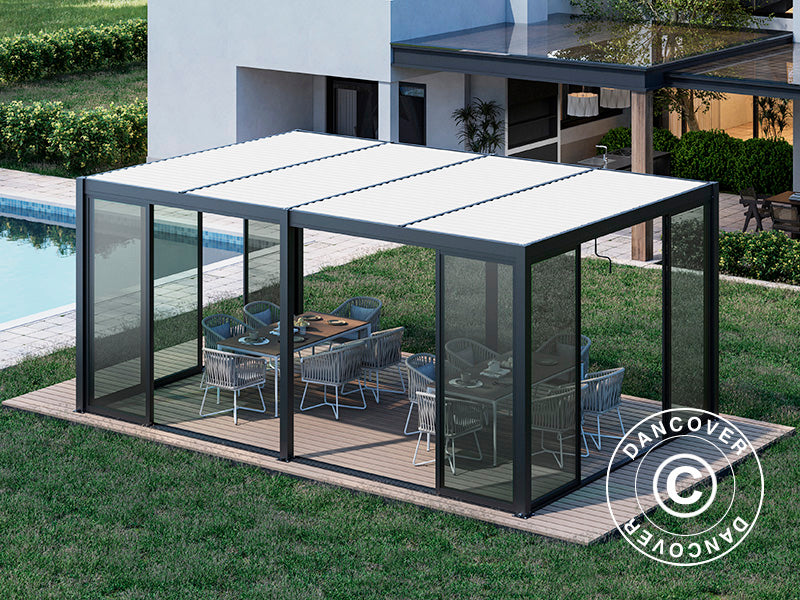 Bioclimatic pergola gazebo San Pablo Alu+ w/sliding doors, 4x5.8 m, Black/White