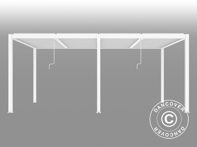 Bioclimatic pergola gazebo San Pablo Alu+, 3x5.8 m w/6 sidewall screens, White