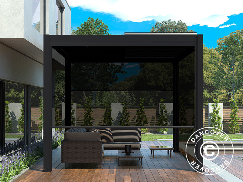 Bioclimatic pergola gazebo San Pablo Alu+, 4x4 m w/4 sidewall screens, Black