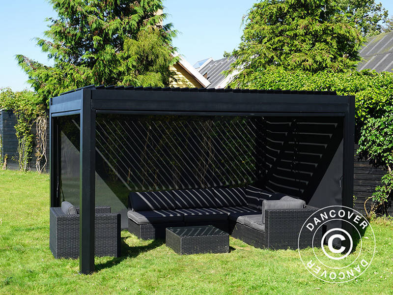 Bioclimatic pergola gazebo San Pablo Alu+, 4x4 m w/4 sidewall screens, Black