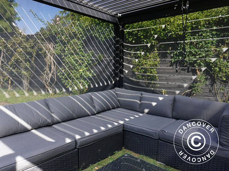 Bioclimatic pergola gazebo San Pablo Alu+, 4x4 m w/4 sidewall screens, Black