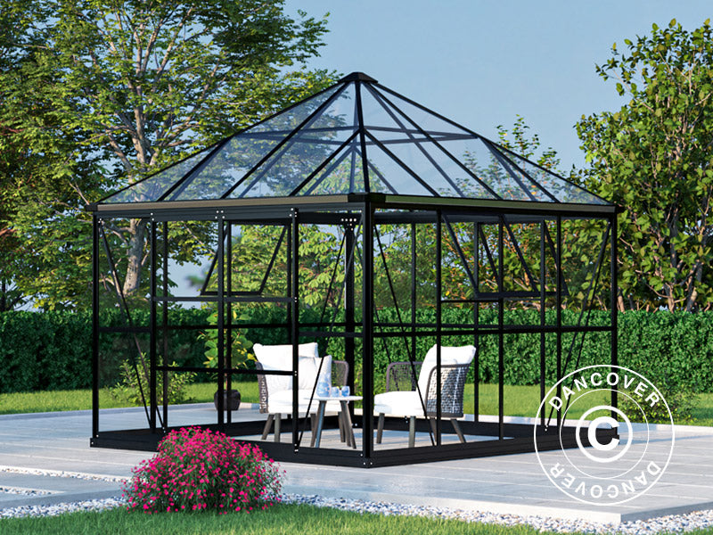 Orangery, gazebo glass 8.06 m², 2.82x2.86x2.8 m w/base, Black