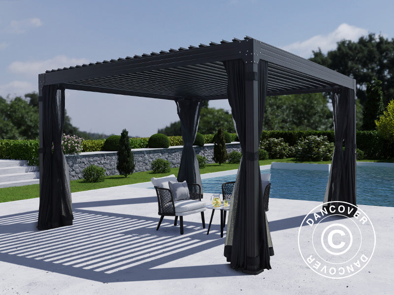 Bioclimatic pergola gazebo Monterey, 4x4 m, w/curtains and mosquito net, Black