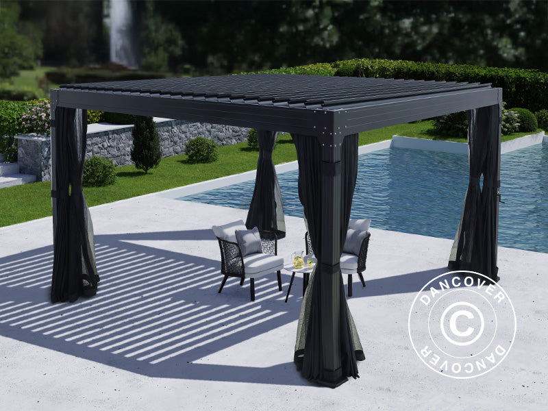 Bioclimatic pergola gazebo Monterey, 4x4 m, w/curtains and mosquito net, Black