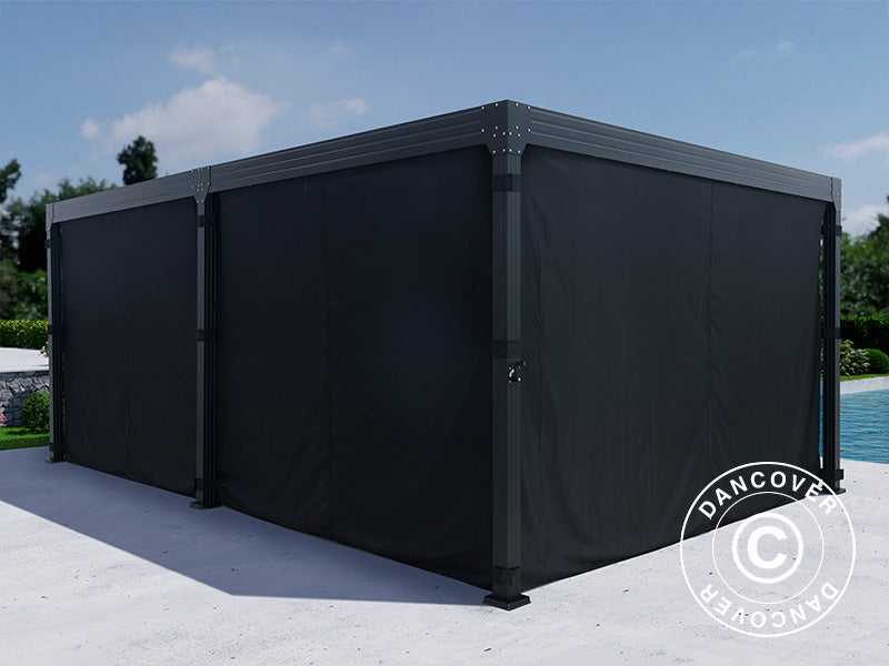 Bioclimatic pergola gazebo Monterey, 4x6 m, w/curtains and mosquito net, Black