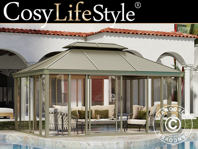 Gazebo San Bruno w/polycarbonate sidewalls, 3.6x5 m, Brass