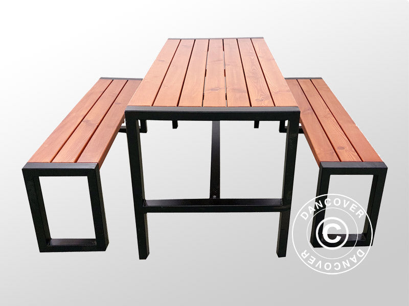 Picnic table w/2 benches, 166x70 cm/150x30 cm, Dark wood/Black