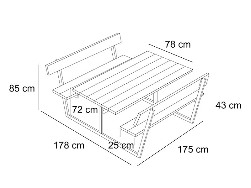 Picnic table w/backrest, 1.8x1.75x0.85 m, Black