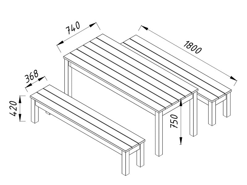 Wooden table and bench set, 0.74x1.8x0.75 m, Natural