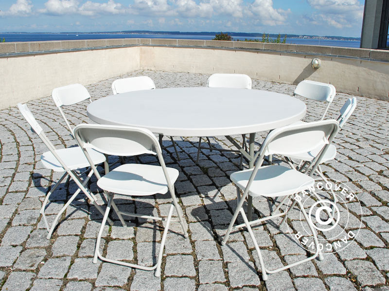 Round folding table 154 cm Ø + 8 chairs, Light grey/White
