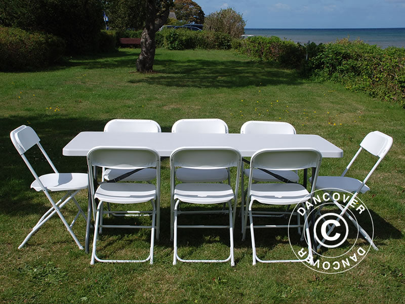 Party package, 1 folding table (180 cm) + 8 chairs, Light grey/White